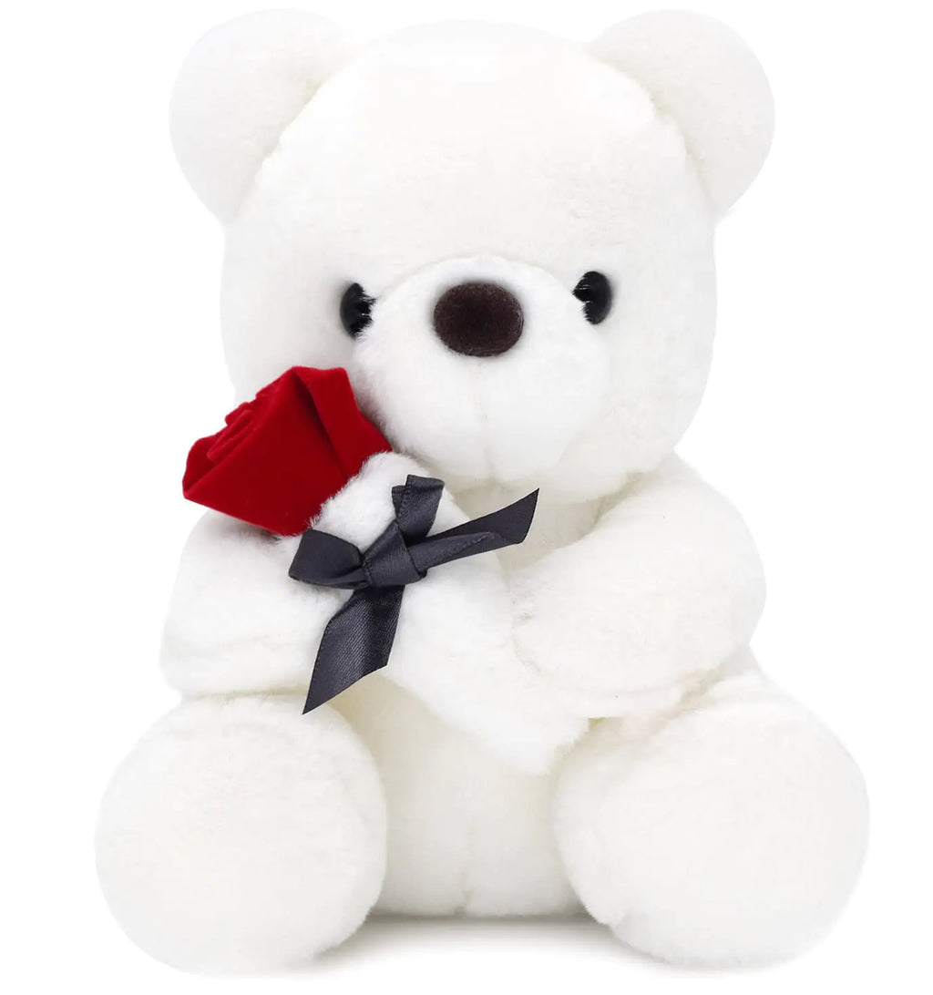 9.8 Teddy Bear with Rose Soft Plush Bear Doll Stuffed Animal Toys Valentines Day Decor Gifts for Her/Girlfriend Lover Mom Kids (White)