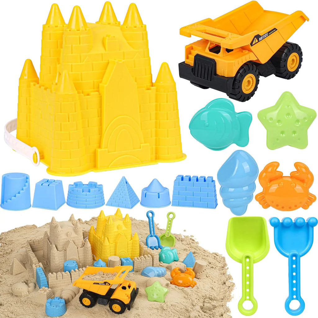 Beach Toys Sand Toys for Kids Sand Castle Toys for Beach with Dump Truck Sand Castle Bucket Sand Molds Shovel and Rake Sandbox Toys for Toddlers Kids Boys Travel Beach Toys for Kids 3-10