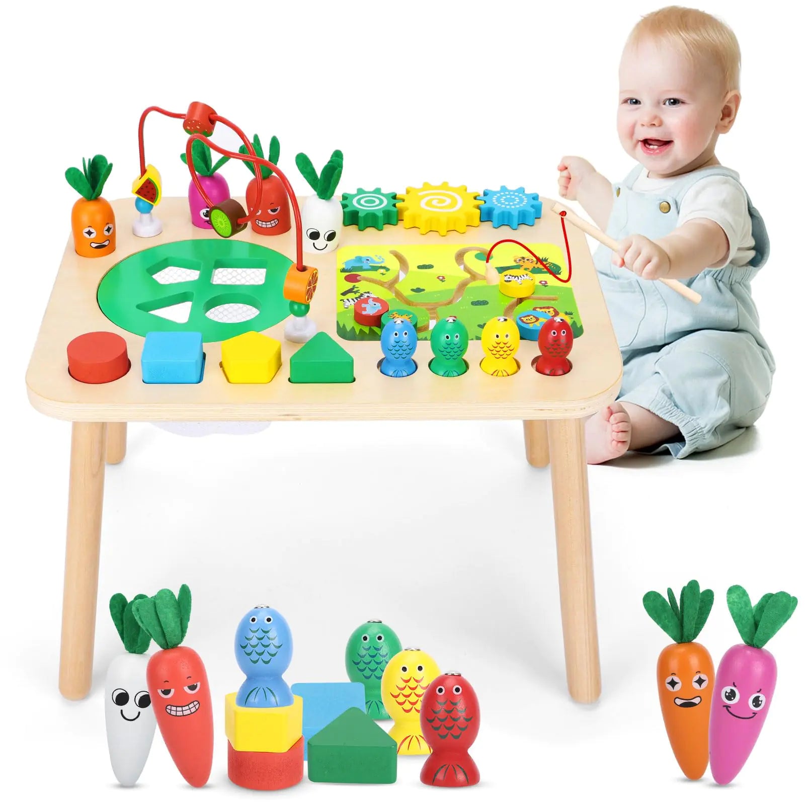 HEYLANDU Activity Table for 1+ Year Old Girls Boys 7-in-1 Wooden Montessori Toys Activity Center Baby Toddler Sensory Toys Kids First Birthday Gift