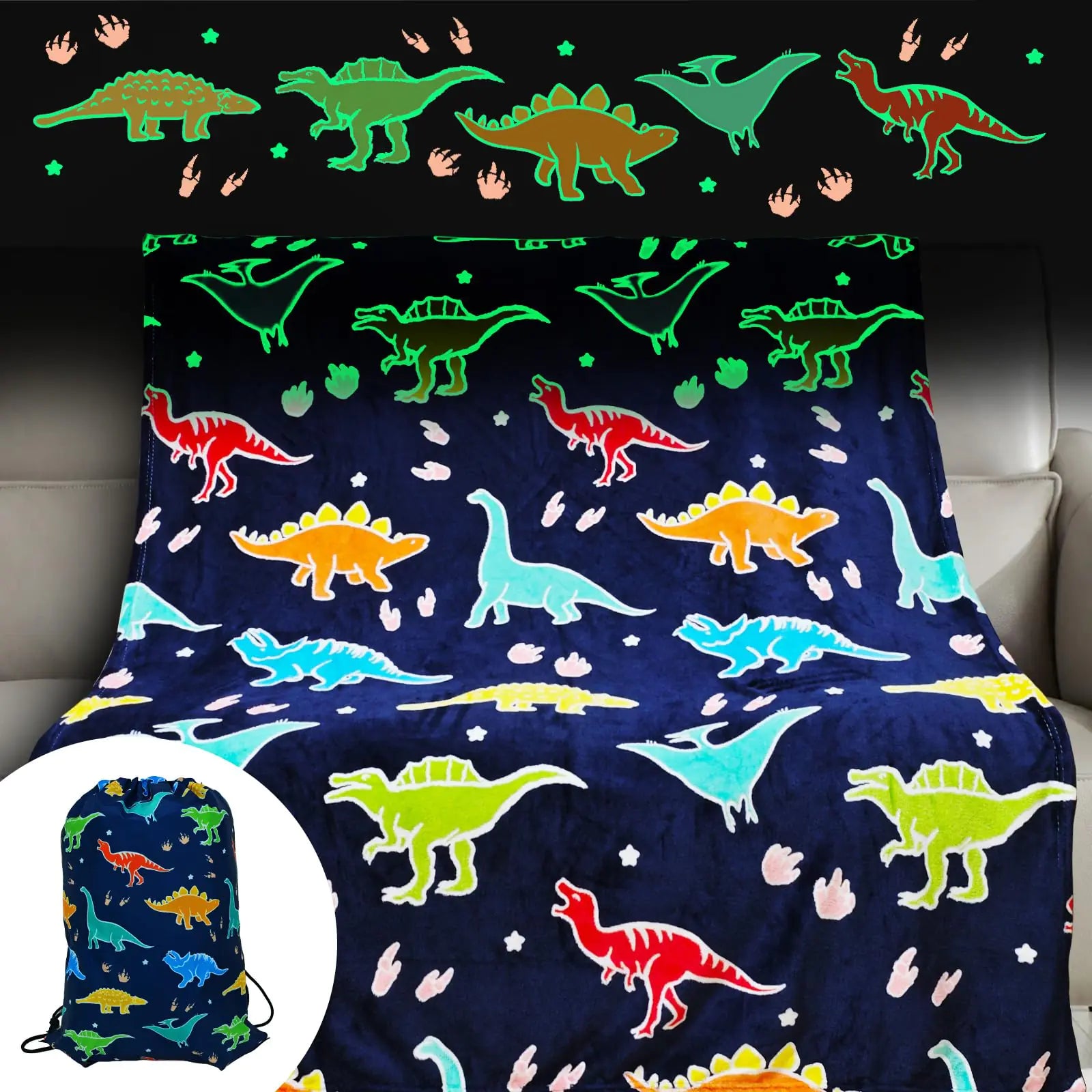 Dino BlanketGlow in The Dark Dinosaur Blanket with Bag for Boys Kids Girls Child Teen Cute Soft Dinosaur Gifts Toys for Birthday Christmas Halloween Present Dinosaur Room Decor Blanket 50"x60"