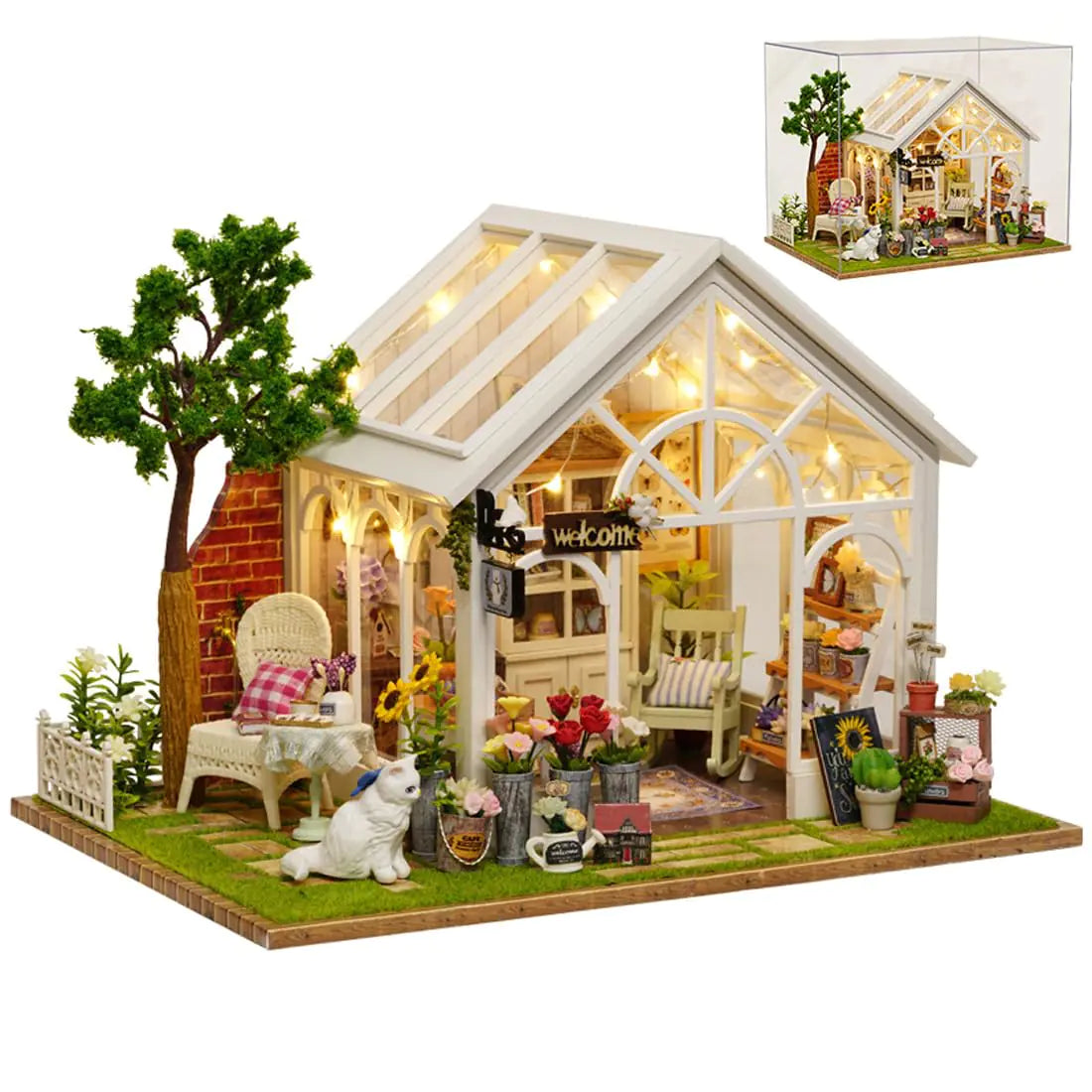 DIY Miniature House Kit Wooden Garden Mini House with Furniture & LED Light Creative Dollhouse Kit Model Building Kit for Adults Kids (Garden House)