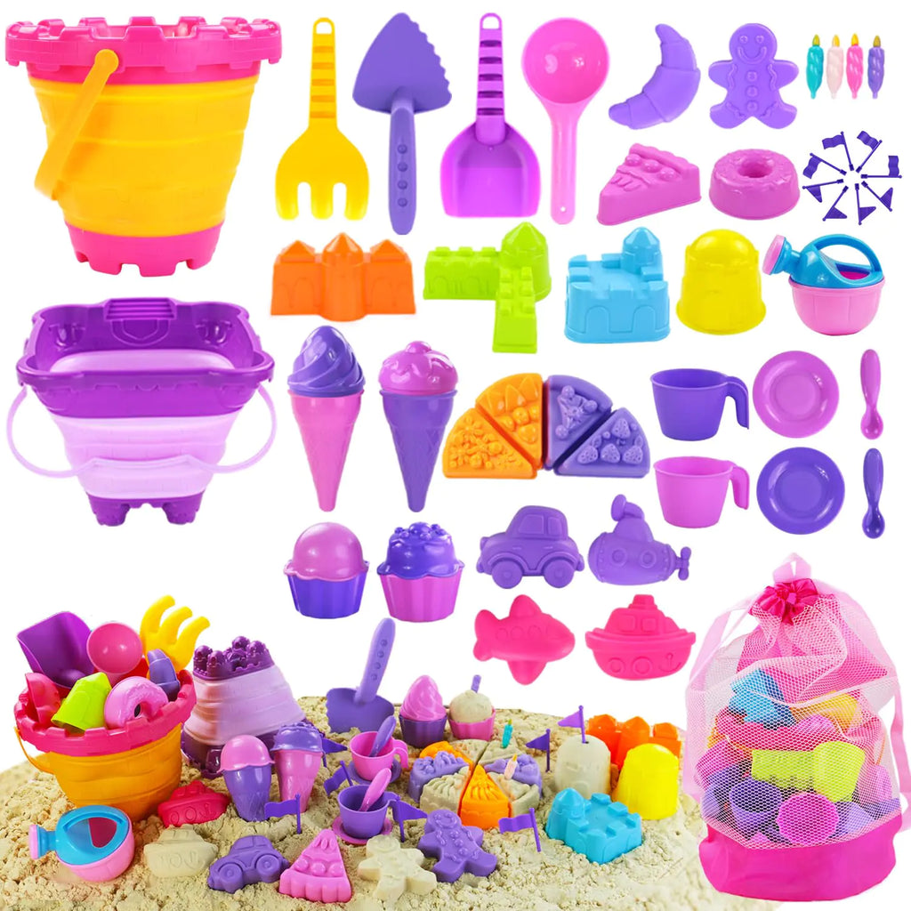 Elovien Beach Sand Toys 50Pcs Sandbox Toys with 2 Collapsible Buckets Mesh Backpack Bag Shovels Ice Cream Cake & Castle Sand Molds Summer Outdoor Travel Toys for Kids Toddlers Girls