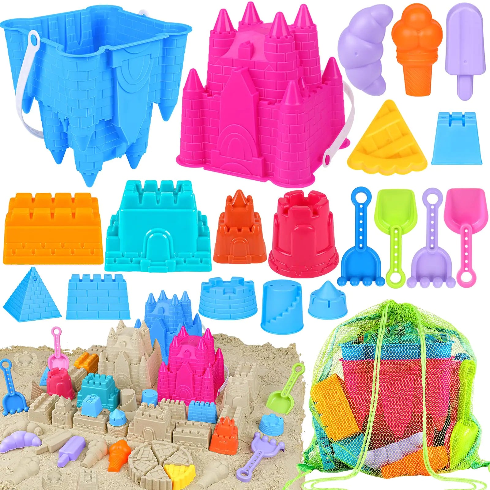 FUSPWEAO Beach Toys Sand Toys for Kids Sand Castle Toys for Beach with 2 Sand Castle Bucket and Mesh Bag Sand Molds Shovels and Rakes Sandbox Toys for Toddlers Travel Beach Toys for Kids 3-10